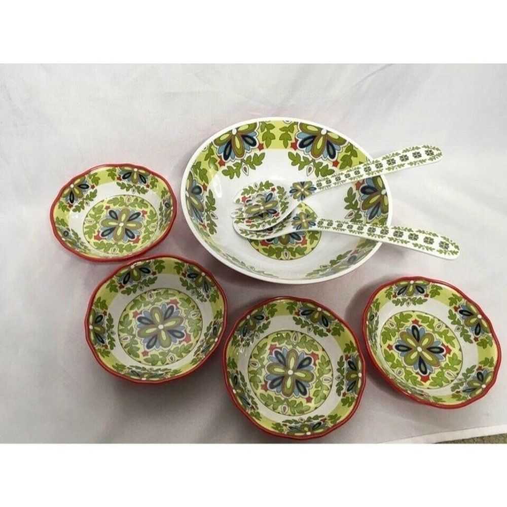 CYNTHIA Rowley 7 piece Melamine Salad Bowl Set green red white - Picture 1 of 4
